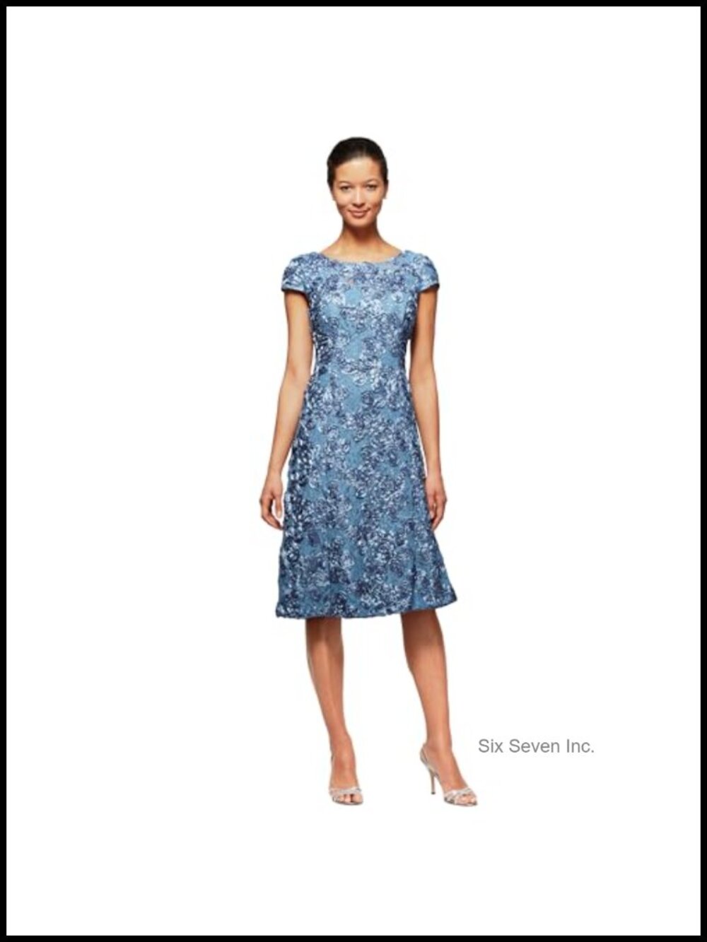 Tea Length A-Line Dress with Rosette Lace and Sequin Detail, Scoop Neck, Cap